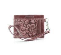 American Bison Embossed Floral Wristlet Wallet for Women - Small ID Card Holder with Credit Card Slots & Pull Tab Organizer - Compact Leather Wrist Strap Clutch, Purple