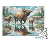 American Bison Thick Paper Bison Crossing River with Reflections Jigsaw Puzzle Bundle Decorative Family Game 38x26cm/1000pcs