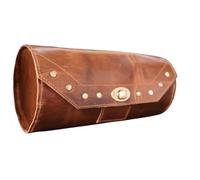 american blue Genuine Goat Leather Vintage Motorcycle Bag with 2-Strap Buckle Closure, Reinforced Quick-Release Brown Tool Bag for Handlebar, Forks, Leather Bike Bag