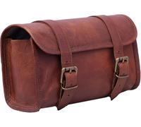 american blue Vintage Genuine Goat Leather Motorcycle Tool Bag, 2-Strap Buckle Closure, Reinforced Brown Tool Pouch, Quick Release, for Handlebars, Forks, Genuine Leather Bicycle Bag (Pattern 6)