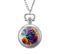 American Buffalo Pocket Watch Vintage Quartz Pocket Watches with Chain for Men Women Silver-Style