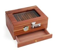 American Cedar Wood Cigar Humidor, 20-40 Counts Capacity Handmade Humidor Cigar Box with Glass Lid & Storage Drawer & Hygrometer
