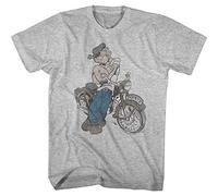 American Classics Popeye The Sailor Man Cartoon in Front of Motorcycle Sketch Adult Short Sleeve Graphic T-Shirt, Gray (Motor), XL