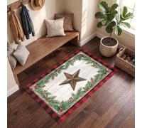 American Country Non-Slip Door Mat Indoor, Five-Pointed Star Christmas Wreath Pine Branches Washable Entrance Area Rug For Entryway | 90 X 150 Cm Front Back Doormat For Kitchen Bedroom, Olive Green