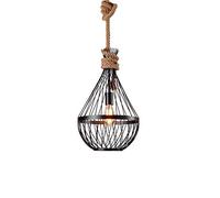 American Country Pendant Light Industrial Dome Iron Cage Chandelier Antique Loft Barn Lighting Suspension Fixture 15.7" Metal Hollow Shade Black Hemp Rope Ceiling for Living Dining Room Bar