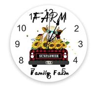 American Country Style Red Plaid Car With Sunflowers Bees And Cattle Round Wall Clock Modern Frameless Wall Clock Easy To Read Clocks Decorative For School Office Home 25cm