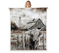 American Countryside Throw Blanket Queen Highland Cow Farm Animal Decor Bed Blanket for Kids Teens Adults Wooden Cabin Farmhouse Rustic Style Fleece Blanket for Living Room