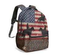 American Cowboy 16 Inch Backpack Patriotic Flag Print Western Riding Silhouette Vintage Distressed Wood Grain All Over Print Daypack (02)