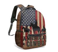 American Cowboy 16 Inch Backpack Patriotic Flag Print Western Riding Silhouette Vintage Distressed Wood Grain All Over Print Daypack (01)
