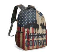 American Cowboy 16 Inch Backpack Patriotic Flag Print Western Riding Silhouette Vintage Distressed Wood Grain All Over Print Daypack (04)