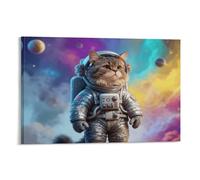 American Curl Cat Canvas Wall Art Spacesuit Planet Print On Canvas Modern Artwork for Home Office Bedroom Decoration Gift 16x24inch(40x60cm)