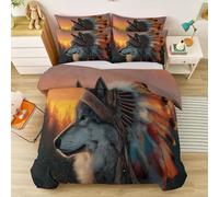 American Duvet Cover Set Super King Size, Animals Wolf Feathers Breathable Brushed Microfiber Quilt Cover 260 x 220 cm, Orange Color Reversible Bedding Set 3pcs with 2 pillowcases, Easy Care