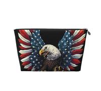 American Eagle Flag Printed Leather Travel Toiletry Makeup Bag with Silver Zipper for Women on the Go