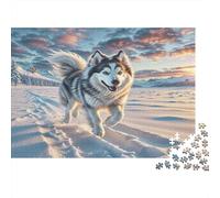American Eskimo Dog 1000-piece Cardboard Jigsaw Puzzle Husky Running on Snow Challenging Senior Puzzle Enthusiasts Mental Stimulation Brain Teaser Solo Play Home Leisure 38x26cm/1000pcs