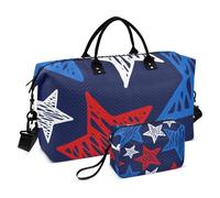 American Flag 4th July Star Scatter Pretty Blue Large Bag Weekender Overnight Bag Gym Tote Bag with Toiletry Bag for Trip 2 Pcs Set, American Flag 4th july Star Scatter Pretty Blue, One Size