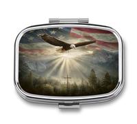 American Flag an Eagle Flying Mountains Tree Pill Box 2 Compartment Portable Medicine Pill Case Travel Pill Organizer for Pocket Purse