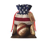 American flag and baseball Printed Christmas Drawstring Bags Reusable Xmas Bag for Party Xmas Gift Wrapping, Red Ribbon, S