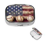 American Flag and Baseball Square Metal Pill Box 2 Compartment Cute Travel Pill Organizer Case Portable Medicine Vitamin Organizer Pill Case for Women Men Travel Unique Gift