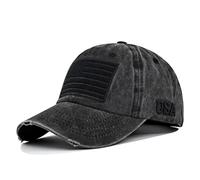American Flag Baseball Cap, Embroidery Adjustable Washed Vintage Cotton Denim Distressed Hat for Women Men, Black, One Size