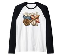 American Flag Baseball Player Bat Fan Catcher Pitcher USA Raglan Baseball Tee
