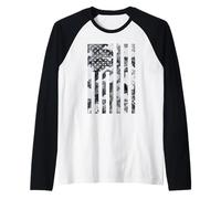 American Flag Black & White Camo Distressed Patriotic USA Raglan Baseball Tee