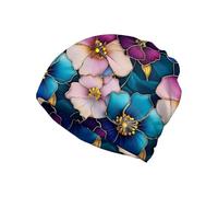 American Flag Butterfly Women's Slouchy Beanie Hat Cute Turban Hats Cancer Headwear Caps Baggy Skull Sleep Scarf, Blue Flowers, One Size