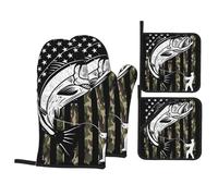 American Flag Camouflage Bass Fishing Oven Mitts and Pot Holders 4 Pcs Set,High Heat Resistant 500 Degree Extra Thicken Long Kitchen Cotton Oven Glove for Cooking
