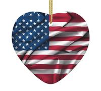 American Flag Ceramic Christmas Heart Pendant, The Pottery Piece is Available with Silk Thread
