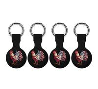 American Flag Cock Fighting Rooster Chicken Keychain Holder Case Compatible with AirTag Waterproof Silicone Shell Protective Case 4PCS