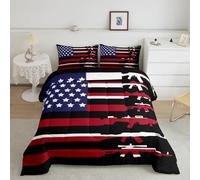 American Flag Comforter Set Full,Army Guns Military Bedding Set For Kids Boys Teens Man,Red Blue Stars Stripe Usa Flag Bedding Comforter Soldier Rifle Quilt Duvet Set 2 Pillow Cases Bedroom Decor