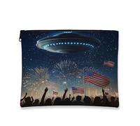 American Flag Cosmetic Makeup Bag, Patriotic Retro UFO Space Travel Bags for Women, Portable Small Canvas Zipper Pouch, Celebration Gift Skincare Toiletry Bag Organizer, Dark, 7x9 Inch, Ufo