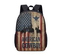 American Flag Cowboy Print Backpack 17 Inch Vintage Western Horse Riding School Bag for Teens Retro Wood Grain Design (04)