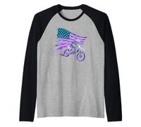 American Flag Crest Behind a Professional Motocross Rider Raglan Baseball Tee