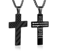 American Flag Cross Necklace for Men,Cross Necklace Gifts for Men,Black Stainless Steel Pendant Chain with Bible Verse, L, Stainless Steel, No Gemstone