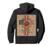 American Flag Cross Red Rose Folk Art Christian Graphic Pullover Hoodie