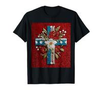 American Flag Cross Red Rose Folk Art Graphic T-Shirt