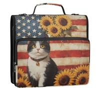 American Flag Cute Cat Sunflowers 1.5 Inch 3 Rings Zippered Binder Bag with Shoulder Strap & Handle Laege Capacity Portable Portfolio for Office School Carpeta con cremallera