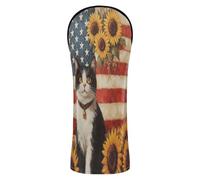 American Flag Cute Cat Sunflowers Golf Cover Premium Leather Accessories with Number Tags for Driver, Woods and Hybrid