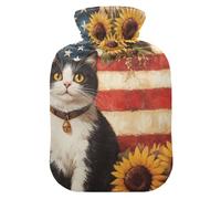 American Flag Cute Cat Sunflowers Travel hot Water Bottle with Soft Cover, 2L Warm Water Bottle for Bed for Hand Feet Warmer, Neck Shoulder Warmer, Bolsa para agua Caliente para Dolor
