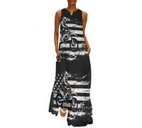 American Flag Dirt Bike Black White Women's Casual Sleeveless Dress V-Neck Maxi Sundress with Pockets S