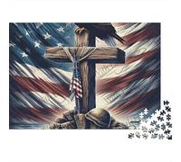 American Flag Eagle 1000 Piece Puzzle for Adults Soldier Memorial Cross Eagle Flag Challenging Premium Thick Sturdy Vibrant Stress Relief Decor 70x50cm/1000pcs