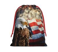 American Flag Eagle Fireworks Print Ultra Soft Plush Drawstring Gift Bag, Xmas Party Candy Treat Favors, Christmas Holiday Sacks, Wedding Jewelry Pouches