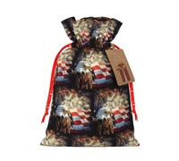 American Flag Eagle Fireworks Printing Drawstring Christmas Bag With Kraft Tag 4.7x6.9 Inch For Halloween Wrapping Gifts