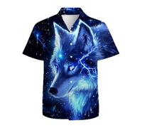 American Flag Eagle Men's Hawaiian Shirt 3D Graphic Button Down Short Sleeve Tropical Holiday Beach Aloha Shirts, Blue Lightning Wolf, 3XL