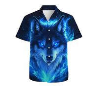 American Flag Eagle Men's Hawaiian Shirt 3D Graphic Button Down Short Sleeve Tropical Holiday Beach Aloha Shirts, Blue Flame Wolf, 3XL