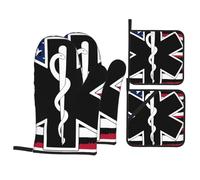 American Flag EMS Star of Life EMTMedic Oven Mitts and Pot Holders 4 Pcs Set,High Heat Resistant 500 Degree Extra Thicken Long Kitchen Cotton Oven Glove for Cooking
