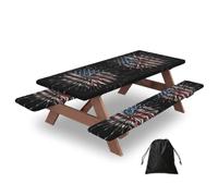 American Flag Firework Print Waterproof Picnic Table Cover With Bench Cover Set Of 3 Elastic Edge Durable Outdoor Tablecloth