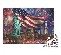 American Flag Fireworks 1000 Piece Jigsaw Puzzle for Adults & Family Statue of Liberty Flag Fireworks City Premium Thick Sturdy Challenging Stress Relief Game 52x38cm/1000pcs
