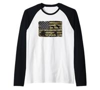 American Flag Fishing Hunting Camo Design Raglan Baseball Tee