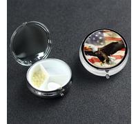 American Flag Fly Eagle Pill Box 3 Compartment Waterproof Pill Container with Mirror Metal Medicine Box Organizer Portable Vitamin Case for Pocket & Purse Travel - Round